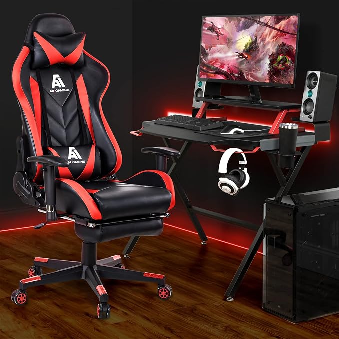 AA Products Gaming Chair High Back Ergonomic Computer Racing Chair Adjustable Office Chair with Footrest, Lumbar Support Swivel Chair - Red