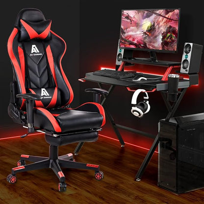 AA Products Gaming Chair High Back Ergonomic Computer Racing Chair Adjustable Office Chair with Footrest, Lumbar Support Swivel Chair - Red