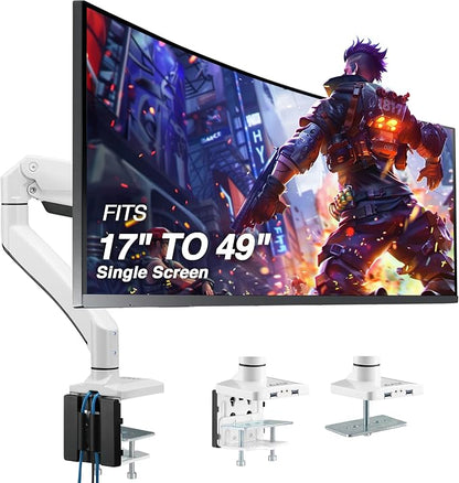 AVLT Single Monitor Arm Desk Mount for 17-49" Screens, Heavy Duty - White | Supports flat/curved/ultrawide screens up to 50 lbs. Gas spring lift, USB 3.0/AUX ports, VESA and cable management.