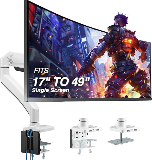 AVLT Single Monitor Arm Desk Mount for 17-49" Screens, Heavy Duty - White | Supports flat/curved/ultrawide screens up to 50 lbs. Gas spring lift, USB 3.0/AUX ports, VESA and cable management.