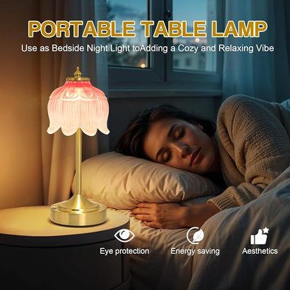 Cordless Lotus Flower Table Lamp, 5200mAh Rechargeable Battery Operated Portable Lamp, 3-Color Dimmable Touch Control Small Desk Lamp for Bedroom, Office, Kitchen, Nightstand,Room Decor (Pink)