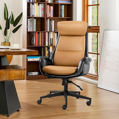 Glitzhome High Back Office Chair,Modern Ergonomic Swivel Office Chair,Adjustable Home Office Desk Chair with Lumbar Support,Black & Camel