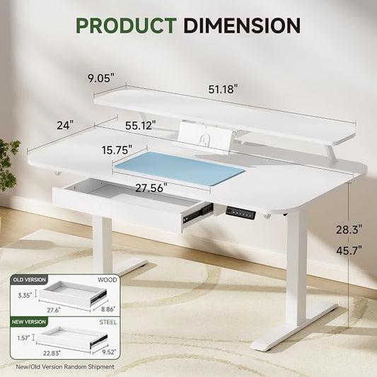 GTPLAYER Electric Standing Desk with Drawers, 55 x 24 Inches Height Adjustable Computer Desk with Monitor Stand, Laptop Stand, Sit Stand up Desk with Memory Preset for Home, Office, White