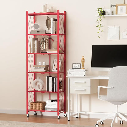 ALANNG 73.6 Inch Folding Bookshelf, 6 Tier Metal Bookcase and Bookshelves, Tall Shelves for Living Room Office Bedroom, Heavy Duty Book Shelve Free Standing Open (Red, 1PACK)