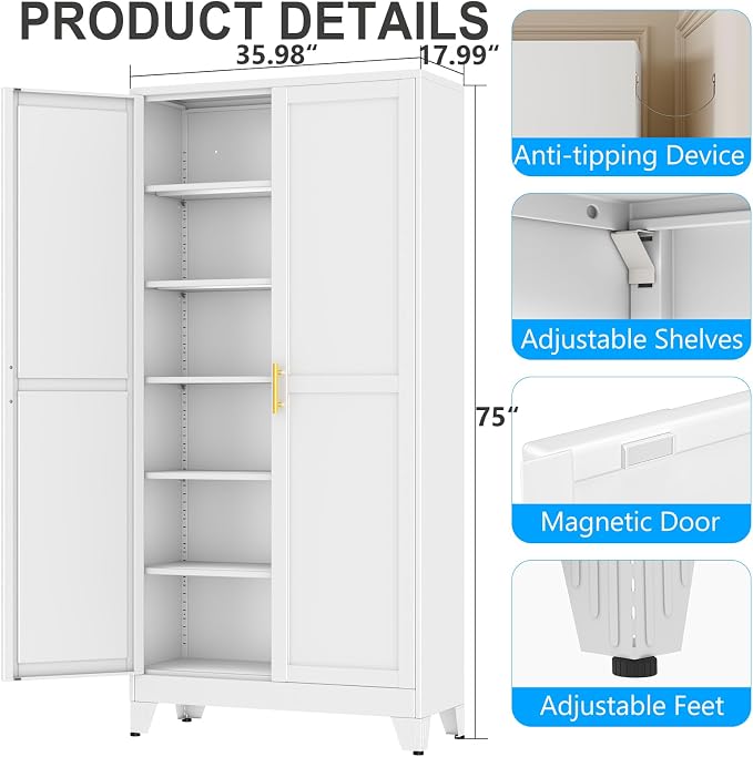 pozdeg 75" Tall Metal Storage Cabinet with 2 Doors & 5 Adjustable Shelves, Widen Steel File Cabinet Multipurpose Organizer for Home Office Garage (White)