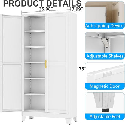 pozdeg 75" Tall Metal Storage Cabinet with 2 Doors & 5 Adjustable Shelves, Widen Steel File Cabinet Multipurpose Organizer for Home Office Garage (White)
