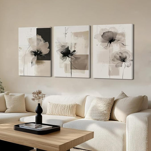 Neutral Abstract Floral Canvas Wall Art Modern Large Minimalist Wall Decor Contemporary Beige Black Flower Posters Prints Picture for Living Room Bedroom Bathroom Office 12x16 In Framed
