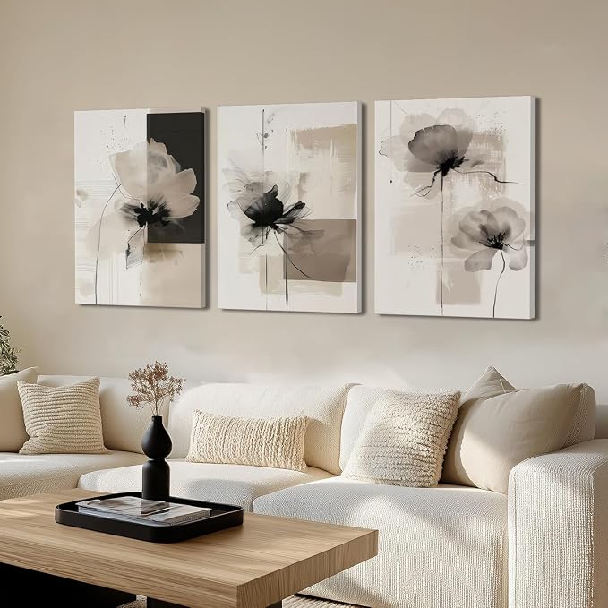 Neutral Abstract Floral Canvas Wall Art Modern Large Minimalist Wall Decor Contemporary Beige Black Flower Posters Prints Picture for Living Room Bedroom Bathroom Office 16x24 In Framed