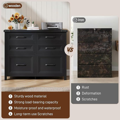 Halitaa 6 Drawer File Cabinets,Farmhouse Lateral Filing Cabinet Fits Letter and A4 Size, Wooden File Cabinet for Home Office, Printer Stand,Black