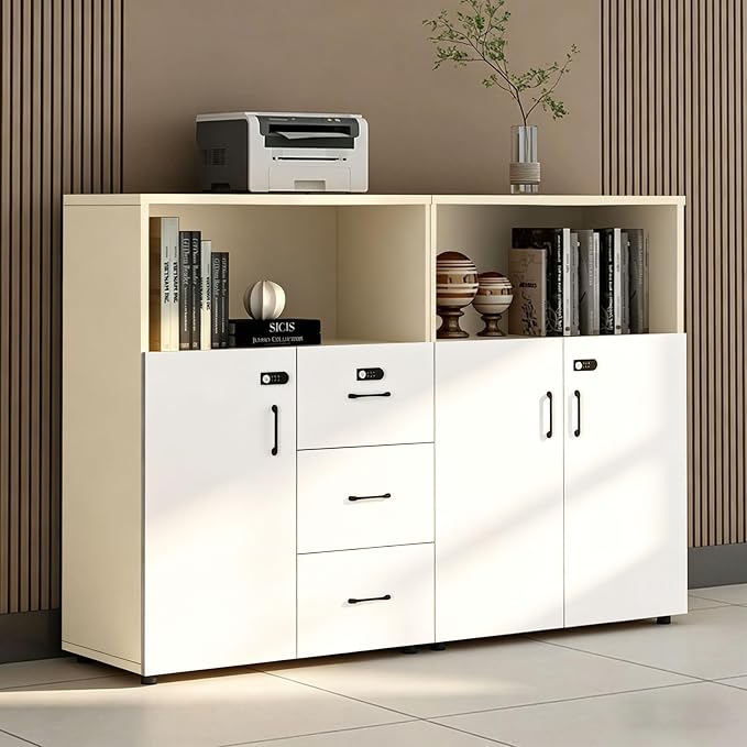 File Cabinet with Password Lock, Wood Lateral Filing Cabinet for Letter/A4 Files, 3 Drawer with Door, Printer Stand with Open Shelves for Home Office