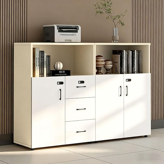 File Cabinet with Password Lock, Wood Lateral Filing Cabinet for Letter/A4 Files, 3 Drawer with Door, Printer Stand with Open Shelves for Home Office
