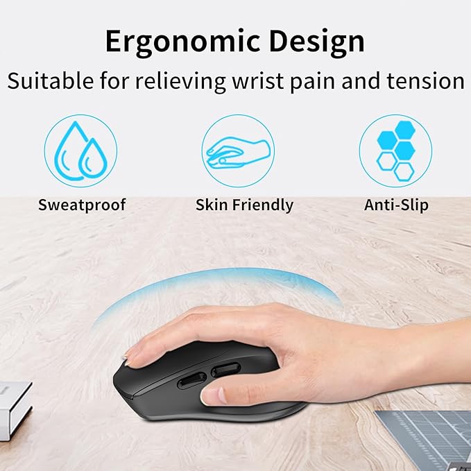 2.4G Wireless Silent Mouse with Side Keys, Ergonomic Wireless Computer Mouse, Suitable for Chromebooks, Laptops, Tablets, 1000/1600/2400DPI - Black