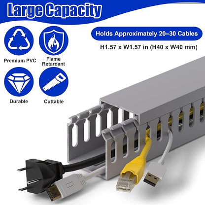 ZhiYo H1.6in W1.6in Professional Server Rack Cable Management Raceway, 99in (6 x L16.5in) Cable Raceway Kit, Electrically Safe PVC Open Slot Wire Raceway for Under Desk/Computer/Network Cords, Grey