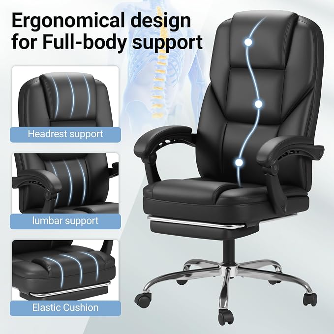 Furmax Massage Office Chair with Foot Rest Executive Big and Tall Office Chair Ergonomic Home Office Desk Chairs, Reclining High Back Leather Chair with Lumbar Support, 400LBS (Black)