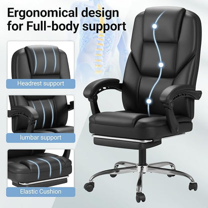 Furmax Massage Office Chair with Foot Rest Executive Big and Tall Office Chair Ergonomic Home Office Desk Chairs, Reclining High Back Leather Chair with Lumbar Support, 400LBS (Black)