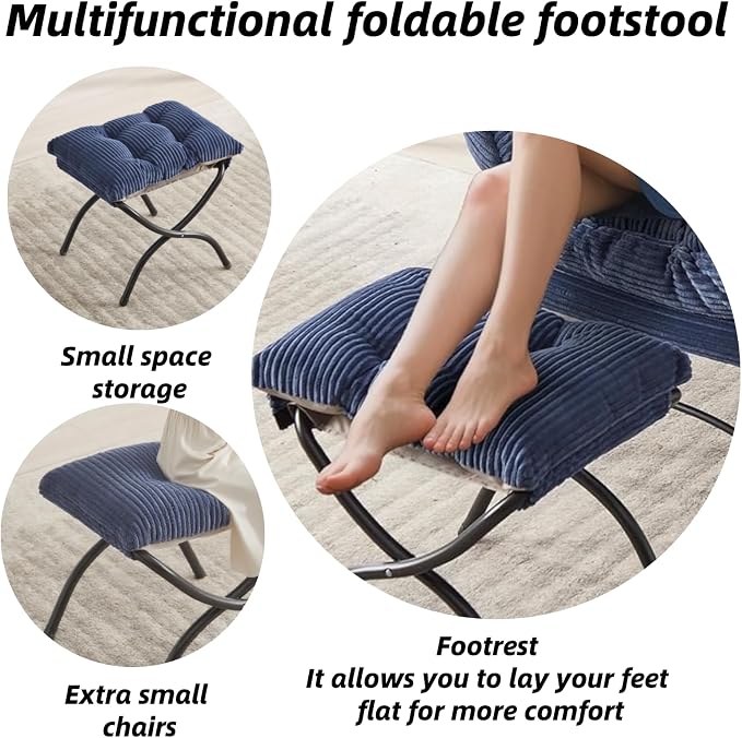 Modern Lazy Chair with Ergonomic Ottoman, Comfortable Lounge Chair with Footrest for Space Saving, Comfy Reading Armchair for Living Room, Bedroom, Office, Navy