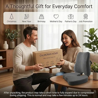 Lumbar Support Pillow & Seat Cushion for Office Chairs with Adjustable Strap, Memory Foam Back Support for Office Desk Chair Cushion, Chair Seat Cushions for Car, Travel and Wheelchair (Grey)