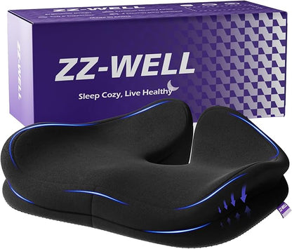 ZZ-WELL Seat Cushion for Office Chairs, Black, 21.2 Inches | Coccyx Cushion for Tailbone Pain, Memory Foam, Extra Large Thick, Patented Pressure Relief, Computer Gaming Chair