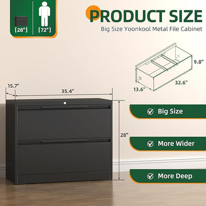 Lateral File Cabinet 2 Drawer, Metal File Cabinet with Lock | Filing Cabinets for Home Office, Black Locking Deep Drawer for Hanging Files Letter/Legal/A4/F4 Size, Assembly Required