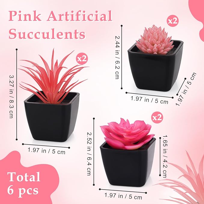 6 Pcs Pink Artificial Succulent Plants in Black Pots, Small Fake Succulents for Pink Room Decor Bathroom Decor Office Desk, Lifelike Faux Plants with Minimalist Modern Aesthetic