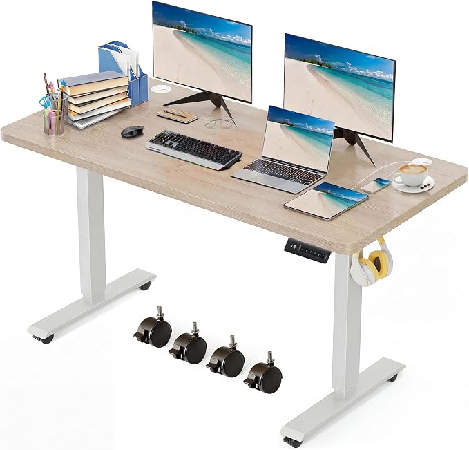 Electric Standing Desk 55 x 24 Inches Adjustable Height Sit Stand Up Desk for Home Office Computer Workstation Memory Preset with Wheels, Oak