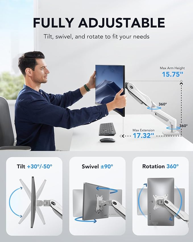 HUANUO Single Monitor Mount, 13 to 32 Inch Gas Spring Monitor Arm, Adjustable Stand, Vesa Mount with Clamp and Grommet Base - Fits 4.4 to 19.8lbs LCD Computer Monitors