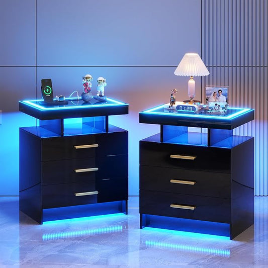 HNEBC Night Stand Set 2 with LED Lights, High Gloss Nightstand with 3 Drawers,Wireless&USB&Type-C Charging Station,Smart Side Tables with Tempered Glass Top for Bedroom,Living Room,Office-Black