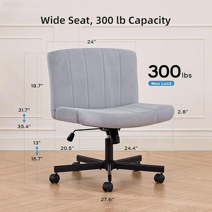 amseatec Criss Cross Chair, Wide Cross Legged Desk Chair with Wheels, Comfy Fabric Vanity Chair for Home Office, Adjustable Armless Swivel Task Chair with 90–115°Tilt（300Lbs/Gray）
