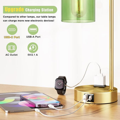 Innqoo Industrial Green Table Lamps for Bedrooms Set of 2-3-Way Dimmable Desk Lamp with USB C+A Ports and Outlet, Gold Lamps with Green Glass Shade for Living Room
