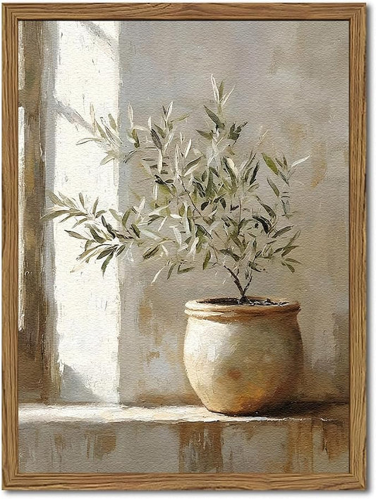 Framed Vintage Olive Tree Wall Art, Textured Sandstone Botanical Pictures Wall Decor, Rustic Neutral Potted Plant Paintings Prints Aesthetic Farmhouse Home Decor for Living Room Bedroom 12x16 inch