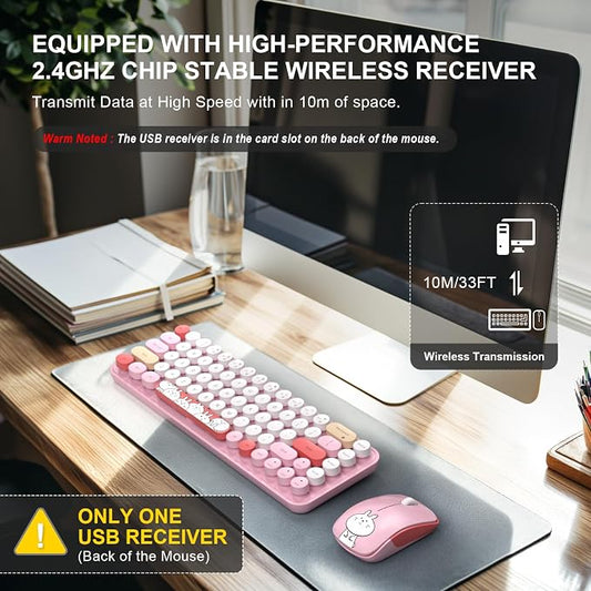 FOPETT Wireless Keyboard and Mouse Cute Mouse and Keyboard 2.4G Wireless Keyboards with Colorful 68 Keys Typewriter Retro Round Keycap for PC, Laptop,Tablet,Computer Windows - Pink Colorful