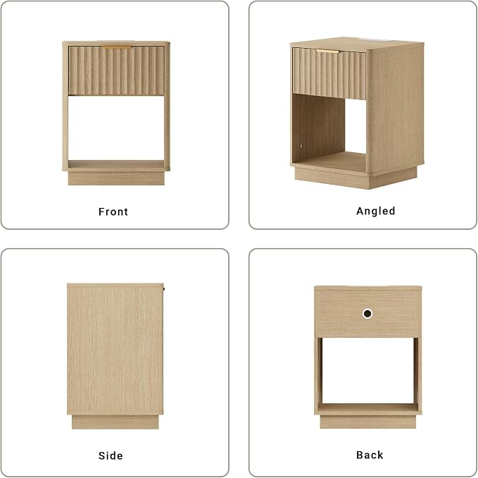 Fluted Nightstand, Modern Night Stand, Nightstand with Charging Station, Wooden End Table with Drawer & Open Shelf, Bedside Table for Bedroom Sofa Home Office, Curved Corners, Natural Oak