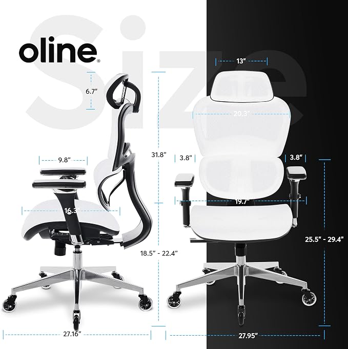 Oline ErgoPro Ergonomic Office Chair with 4D Adjustable Armrest, 3D Lumbar Support and Blade Wheels - Mesh Computer Gaming Rolling Desk Executive Swivel Home Chair (White)
