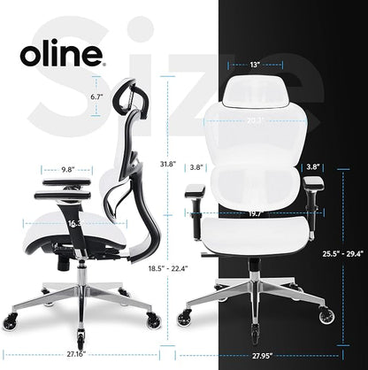 Oline ErgoPro Ergonomic Office Chair with 4D Adjustable Armrest, 3D Lumbar Support and Blade Wheels - Mesh Computer Gaming Rolling Desk Executive Swivel Home Chair (White)
