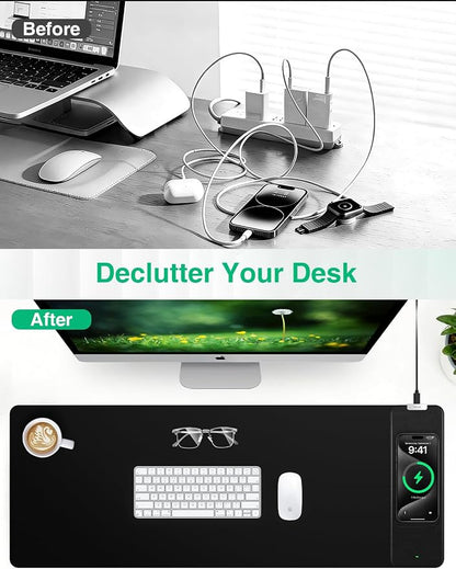 Mouse Pad with Wireless Charging, Black Mousepad Long Desk Mat, Large Gaming Mouse Pad, Soft Mouse Pad Gaming Desk Pad with Non-Slip Rubber Base, Extended Computer Keyboard Mat Office Mice Pad