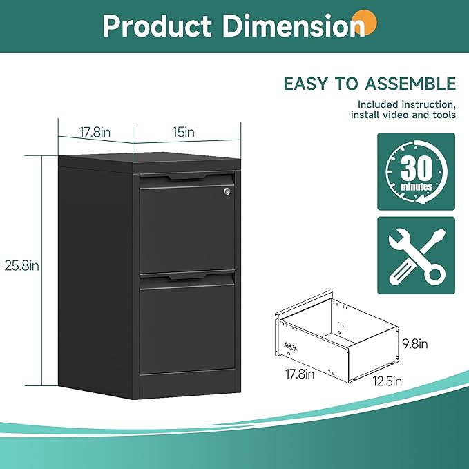 2 Drawer Metal Vertical File Cabinet with Lock, 17.8 Inch Depth Under Desk Small Filing Cabinet, Fits Letter & Legal Size Files for Home Office, Easy to Assemble