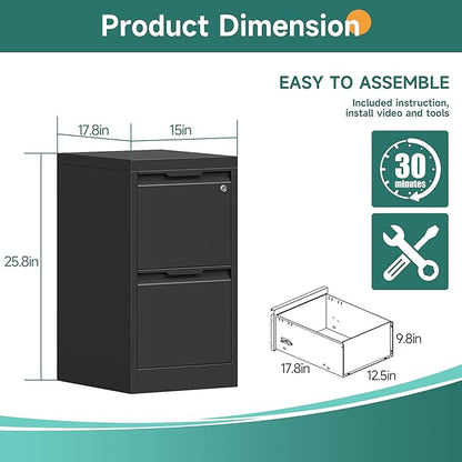 2 Drawer Metal Vertical File Cabinet with Lock, 17.8 Inch Depth Under Desk Small Filing Cabinet, Fits Letter & Legal Size Files for Home Office, Easy to Assemble