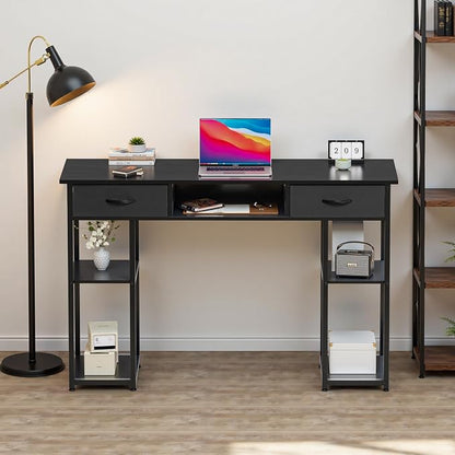 OLIXIS 48 Inch Desk with Storage Fabric Drawers, Home Office Computer Desk for Small Space Bedroom, Modern Study Work Gaming Writing PC Table, Finish for Compact Rooms, Black