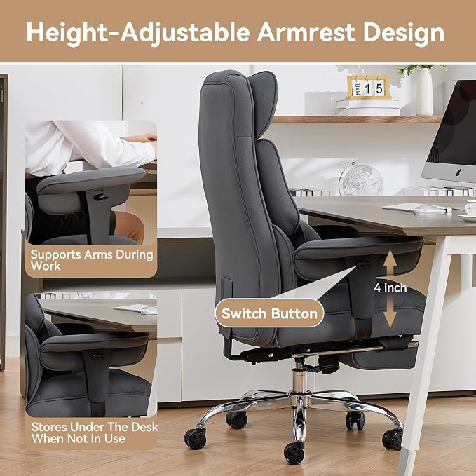 Efomao Executive Office Chair, Bluegrey Fabric Big and Tall Desk Chair | Breathable fabric, pocket spring & foam seat, retractable footrest, 135° recline for computer gaming setup