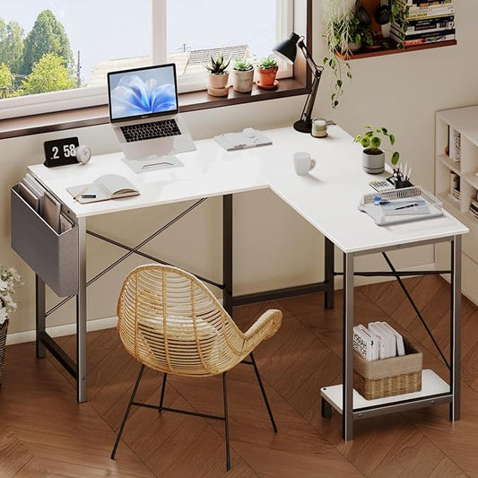 DUMOS L Shaped Desk Computer Gaming Corner Table 50 Inch Home Office Writing Student Work PC Workstation with Side Storage Bag CPU Stand for Bedroom Small Spaces