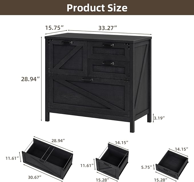 Vabches Wood Lateral File Cabinet with 4-Drawer for Hanging Files Letter/A4/Legal Size, Large Farmhouse Filing Cabinets for Home Office, Printer Stand with Office Cabinet, Office Furniture, Black