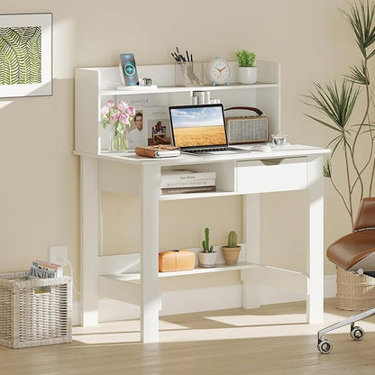 Giantex White Computer Desk with Hutch, Home Office Desk with Power Outlets, USB Ports, Type-C, Storage Shelf & Drawer, Modern Laptop PC Table Computer Workstation, Study Writing Desk for Bedroom