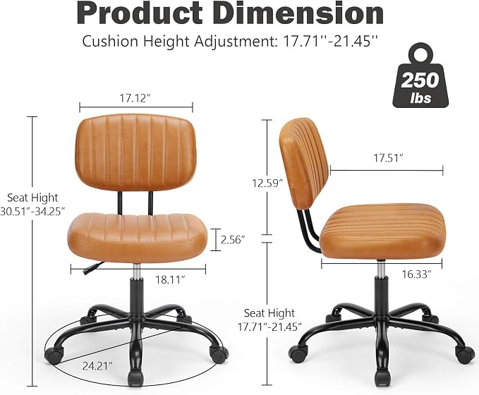 DUMOS Armless Home Office Chair: Small Desk Chair with Low Back Lumbar Support, Height Adjustable PU Leather Computer Task with 360° Swivel Wheels, for Adults, Brown