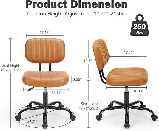 DUMOS Armless Home Office Chair: Small Desk Chair with Low Back Lumbar Support, Height Adjustable PU Leather Computer Task with 360° Swivel Wheels, for Adults, Brown
