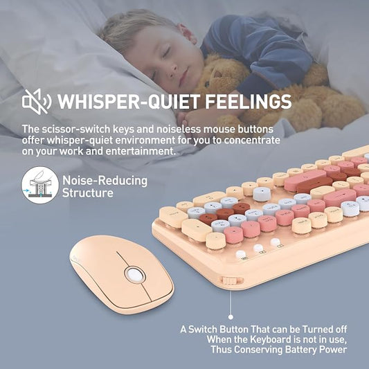 FOPETT Wireless Keyboard and Mouse Combo, 105 Keys Full-Sized 2.4 GHz Round Keycap Colorful Keyboards, USB Receiver Plug and Play, for Windows, Mac, PC, Laptop, Desktop (Milkteacolorful)