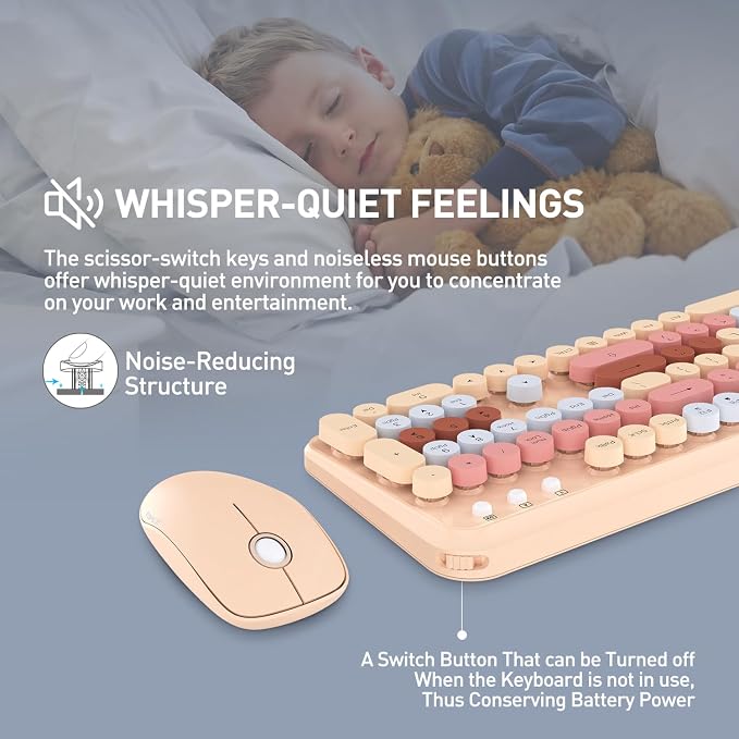 FOPETT 2.4GHz Wireless Keyboard and Mouse Set with Switch Button - Full-Size Keyboard - Compatible for Windows/Laptop/PC/Notebook/Smart TV and More - Milk Tea Colorful
