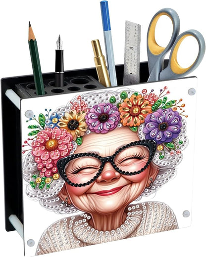 DIY Diamond Painting Kit，Cute Elderly Special Shape diamond painting pen holder, Acrylic Daily Office Desktop Decoration Storage Item
