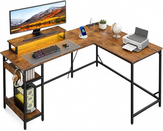 DEVAISE Full-Size 60" L Shaped Gaming Desk with LED Lights and Power Outlets - Reversible Corner Computer Table with Monitor Stand and Storage Shelves for Work and Gaming, Rustic Brown