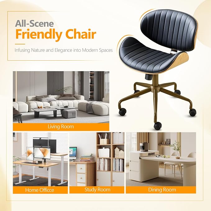 VINGLI Wide Comfotable Swivel Home Office Chair with Wood-Grain Curved Shell,Ergomomic Mid-Back Padded Armless Rolling Desk Chair with Wheels,Height Adjustable for Computer,Task,Work,PU Leather,Black