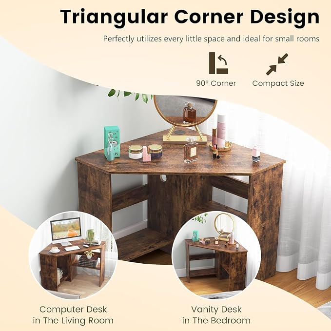 GOFLAME Corner Desk with Storage Shelves, Triangular Computer Desk with Cable Management Holes, Laptop Workstation for Small Space, Makeup Vanity Desk for Living Room, Study, Rustic Brown